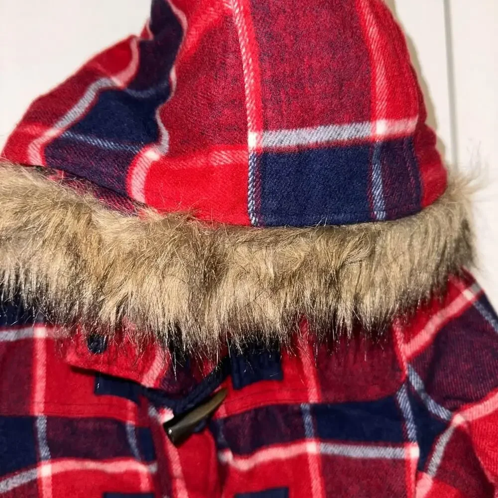 GIRLS Sz 10 Jacket Winter w Faux Fur Hood JUSTICE Peacoat Red/Navy Blue